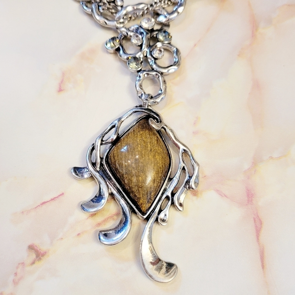 Vintage Bohemian Artisan Catseye Stone & Crystal Silver Statement Necklace - Picture 7 of 14